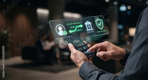 Close-up of hands using a smartphone for a secure global bank transfer with a futuristic holographic financial interface.