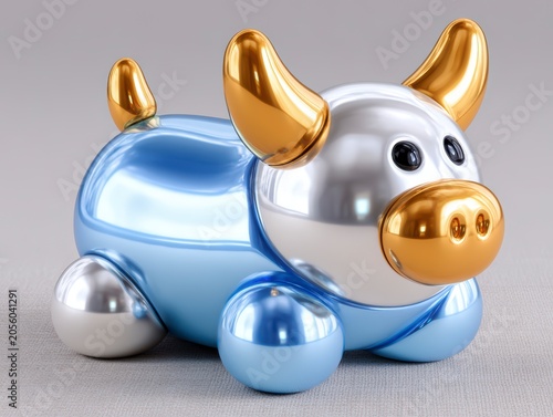 Abstract Metallic Bull Sculpture With Shiny Gold And Blue Chrome Finish On Neutral Textured Surface