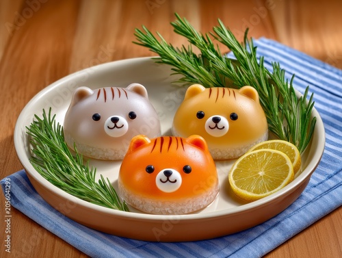 Three Adorable Animal Shaped Fruit Jellies With Lemon Slices And Rosemary On A Wooden Table
