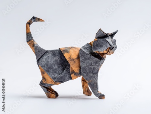 Orange Black White Origami Cat Sculpture Standing White Background Studio Lighting Textured Paper Detail