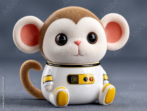 Cute Fuzzy Monkey Wearing A Miniature Astronaut Suit In A Studio Setting