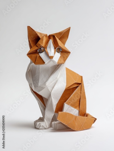 Orange and White Origami Cat Sculpture Detailed Fur Texture on White Background Studio Lighting