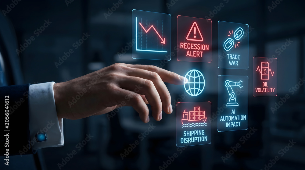 Obraz premium A Business Professional Interacts with a Futuristic Digital Global Economy Interface Displaying Risks and Industrial Automation Analytics