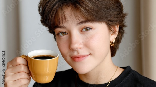 Young Person Holding Yellow Coffee Cup In Soft Natural Indoor Lighting With Neutral Backdrop
