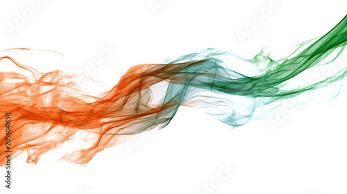 Flowing abstract smoke with orange and green colors isolated on transparent background