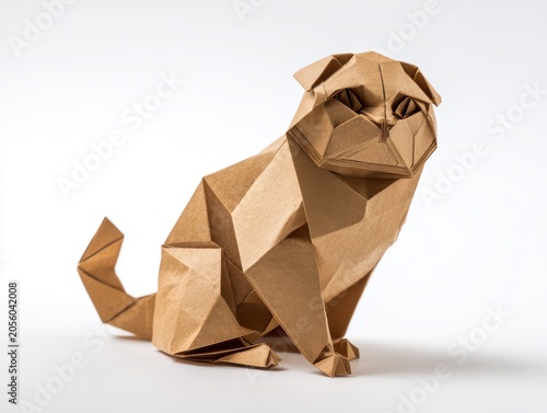 Origami Dog Sculpture With Cardboard Texture Sitting On White Background