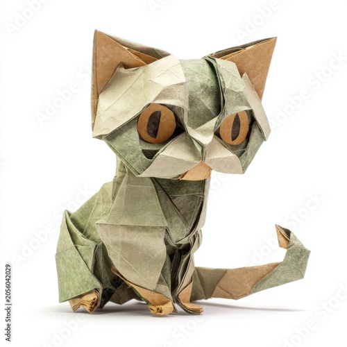 Origami Cat Sculpture with Brown Eyes and Green and Brown Folded Paper Detail