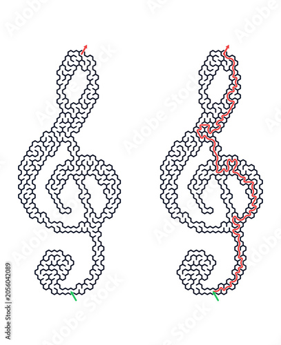 Musical maze puzzle featuring treble clef design on a transparent background  