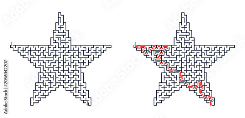 Star labyrinth with entry and exit illustration on transparent background  