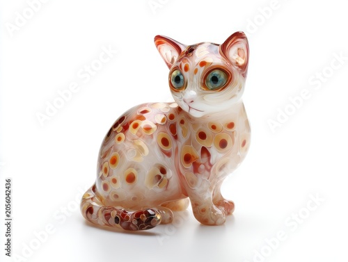 Ornate Glass Cat Figurine With Colorful Pattern Sitting On White Background Studio Lighting