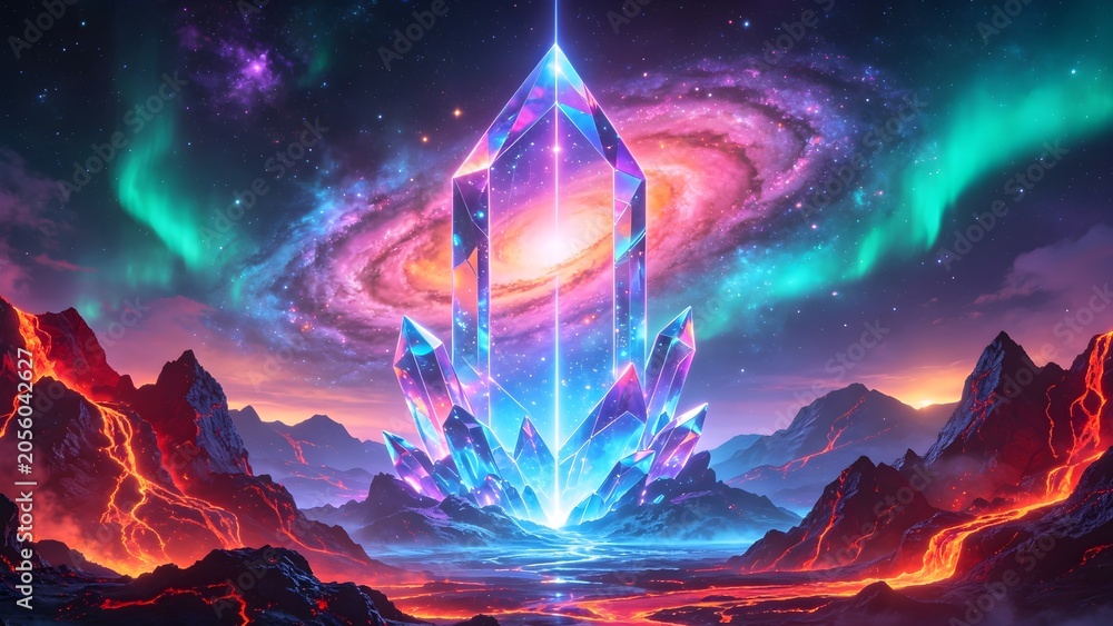 Fototapeta premium Fantasy Crystal Monolith Galaxy Aurora Lava Background Illustration