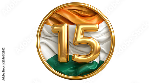 Golden number 15 with Indian flag inside circle isolated on transparent background
