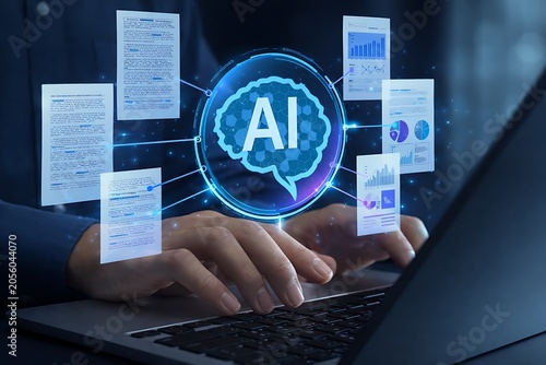 AI-powered document analysis and management. Intelligent structure analysis and information extraction. Automated document processing and knowledge management. Businessperson using laptop computer.