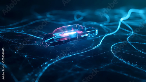 Autonomous Smart Car Driving On Digital Road Network | Futuristic AI Vehicle Concept | Glowing Neon Technology Path Visualization