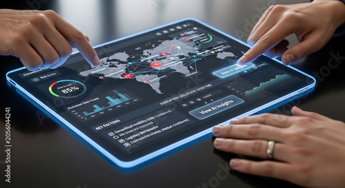 Two Professionals Analyze Global Risk Data on a Futuristic Ai powered Tablet with World Map