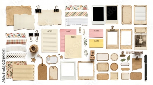 A collection of various scrapbooking elements and craft supplies are arranged on a surface.