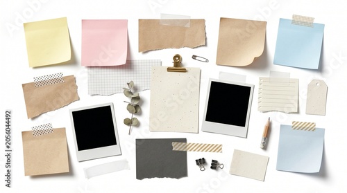 A collection of office supplies and photographs are scattered on a white surface.
