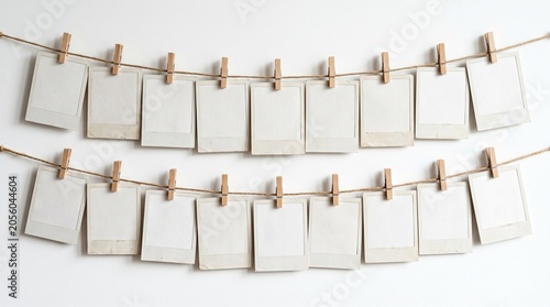A display of blank cards clipped to a string with clothespins on a white background.