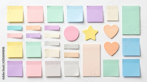 Colorful sticky notes and shapes arranged on a surface
