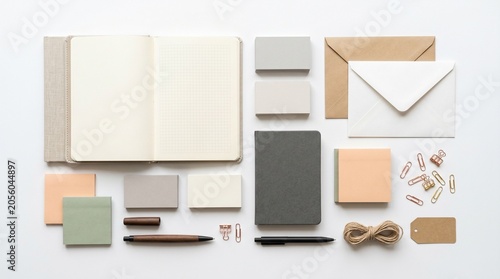 A variety of office and writing materials are arranged on a table including notebooks paper envelopes and stationery.