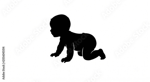 A silhouette of a crawling infant, isolated against a plain white background.