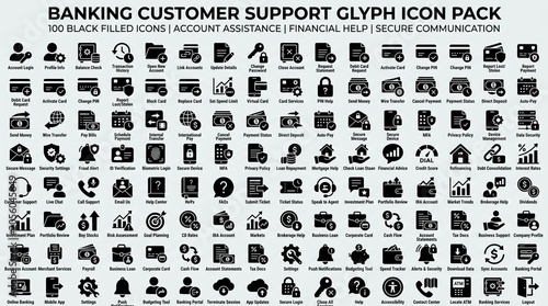 Banking customer support glyph icon pack for digital finance and services