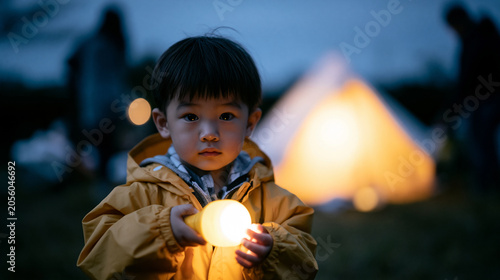 Child Holding Lantern at Night Campsite