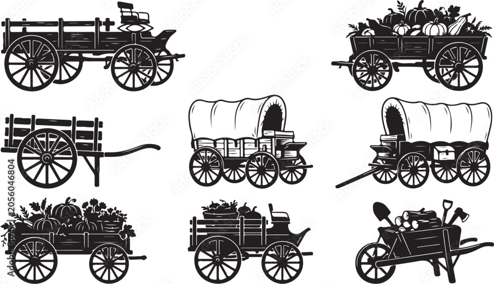 Obraz premium Vintage wagon, old western carts, rustic transportation, black silhouette icons