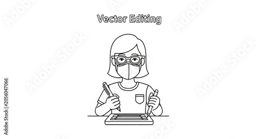Designer working on digital tablet with face mask