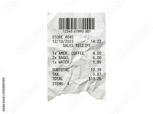 Thermal Paper Sales Receipt with Barcode and Crumpled Texture Isolated on Black for Finance and Expense Reporting