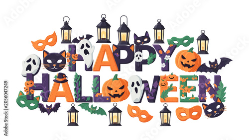 Foto Happy Halloween Illustration: A festive and playful illustration spells out Happy Halloween with spooky and charming elements like ghosts, pumpkins, bats, masks, and lanterns