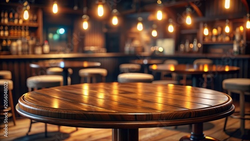 Wooden round table and pub or bar blur background