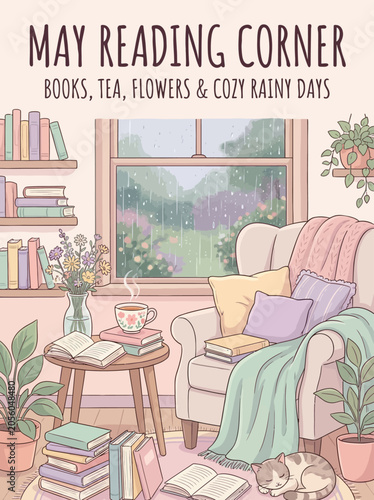 Foto Cozy reading corner with books, tea, and flowers on a rainy day indoors