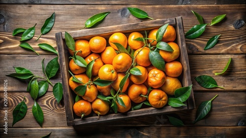 Fresh tangerines in an old box with leaves on wooden background top view