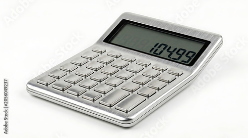 Silver calculator isolated on a white background, featuring a digital display showing numbers