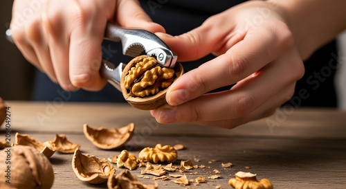 Hand Holding Walnut Over Scattered Nuts on Wooden Table Close-Up