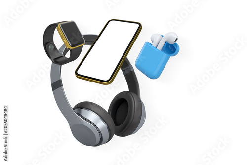 Floating smartphone headphones watch and earbuds isolated on white background as a modern tech concept
