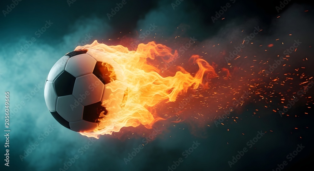 Fototapeta premium Fiery football dynamic image for football world cup 2026 promotion and sports marketing