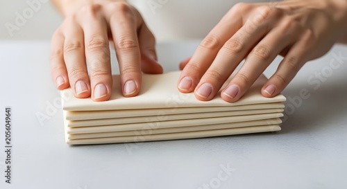 Hands Folding White Paper Stack on Light Background Minimalist Style