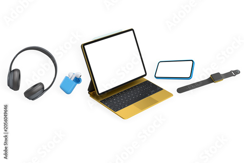 Set of tech gadgets including tablet, phone, watch, headphones on white background, modern style, concept of digital lifestyle