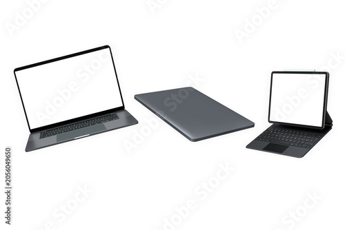 Digital devices including computer, laptop, tablet and graphic pad isolated on white background, concept of technology