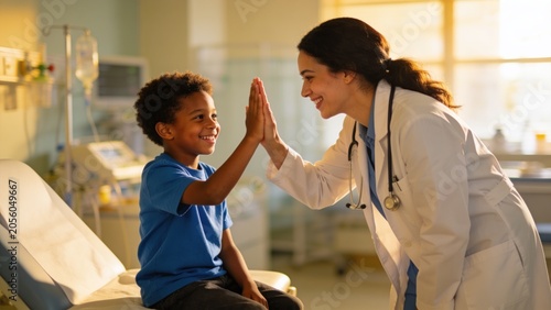 Happy african child boy give high five to female doctor 
