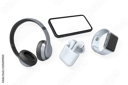 Assorted smart gadgets including phone, watches, earbuds and headphones isolated on white background for modern concept