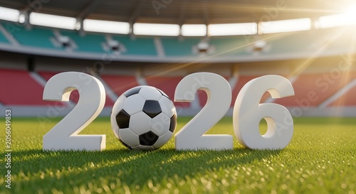 Football world cup 2026 stadium view with soccer ball and year display