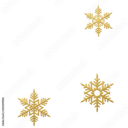 Intricate multidimensional gold snowflakes with polished metallic surfaces floating against a transparent background with soft radiant winter holiday atmosphere