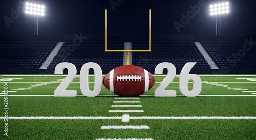 American football world cup 2026 stadium field with ball and goal post