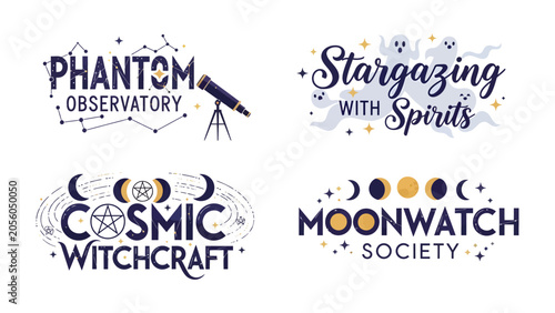 Photos Celestial Encounters: A collection of four mystical and cosmic-themed graphic designs, featuring telescopes, constellations, moons, and supernatural elements