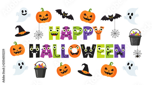 Photos Happy Halloween Graphics: A festive collection of Halloween-themed graphic elements, including grinning pumpkins, playful ghosts, spooky bats, and a bubbling cauldron overflowing with candy