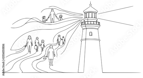 Slika na platnu Lighthouse guiding diverse people towards a brighter future, symbolizing hope and unity