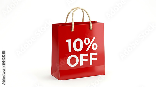 Isolated red shopping bag with 10% off sale promotion, white background